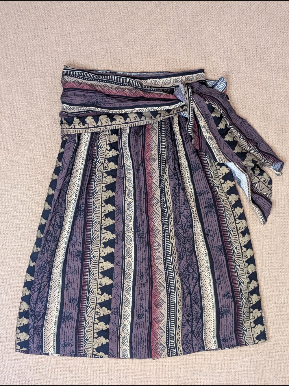 Vintage R&J Boho Earth Tones Tribal Geometric Patterned Skirt with Sash Rayon